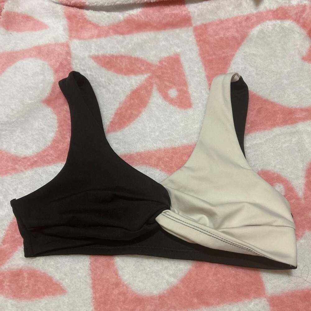 PAC 1980 Black and Cream Colorblock Asymmetrical Bikini Top
